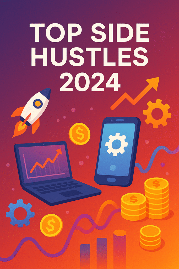 Illustration representing top digital side hustles and innovation with laptop, smartphone, gears, rocket, and charts